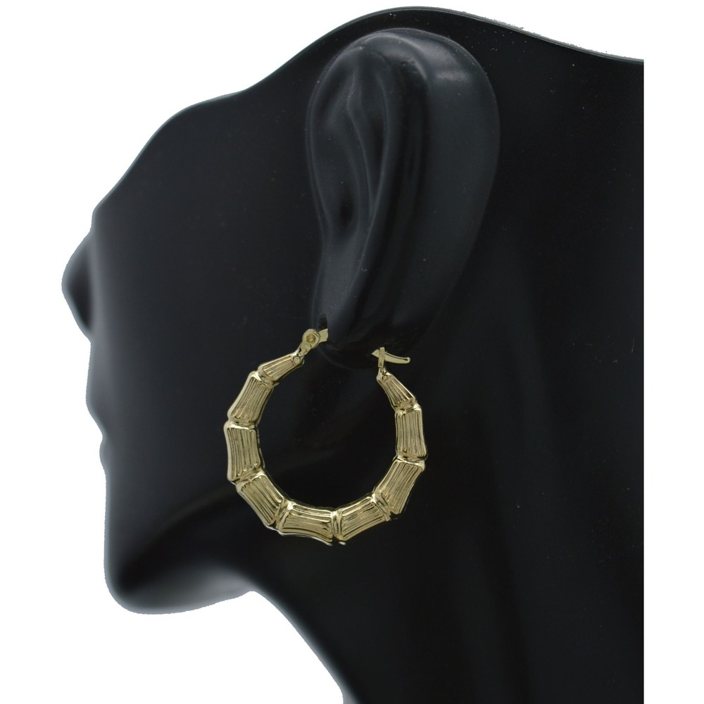 Real 10K Yellow Solid Gold Bamboo Design Hollow Hoop Earrings 23.3 mm 1.7 gr